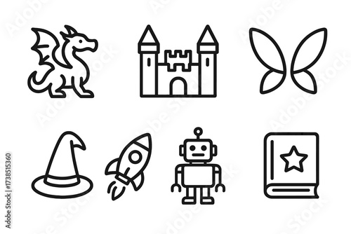 Fantasy Element Icons. Outline icon set of fantasy elements: dragon, castle, wizard hat, fairy wings, rocket ship, robot, alien, magic book. Line icons in only