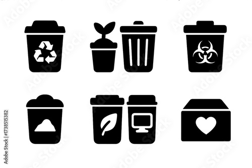 Environmental Container Icons. Solid, filled icon set of environmental containers: recycling bin, compost bin, trash can, hazardous waste container, landfill