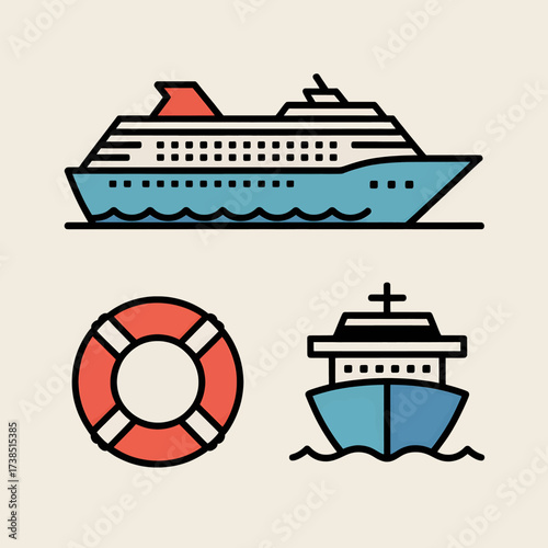 Cruise ship life preserver and small boat icons arranged on a light background evoking travel and safety for vacation planning and maritime themed designs and illustrations