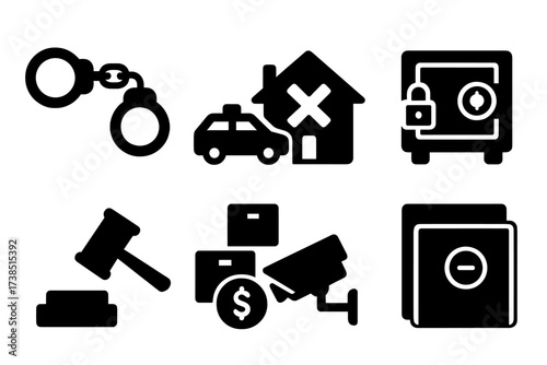 Confiscation Icon Set. Solid, filled icon set of confiscation enforcement: handcuffs, police car, seized house, locked safe, auction gavel, confiscated goods,