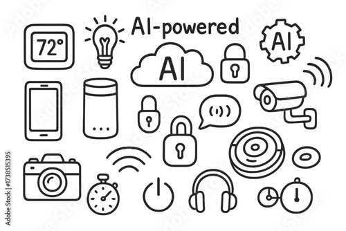 Smart Home Devices Doodle. Hand-drawn doodle illustration AI-powered home automation smart thermostat, smart light bulb, smart speaker, smartphone, security