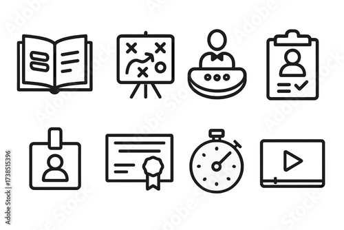 Dealer Training Icons. Outline icon set of dealer training: training manual, strategy chart, practice table, dealer exam, dealer badge, certificate, timer,