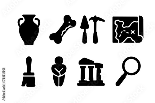 Archaeology Icon Set. Solid, filled icon set of archaeological discovery: ancient pottery, fossilized bone, excavation tools, map, brush, artifact, ruins,