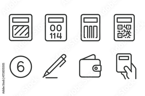 Lottery Icon Set. Outline icon set of lottery tickets: scratch card, numbered ticket, barcode, QR code, lottery ball, pen, wallet, hand holding ticket. Line