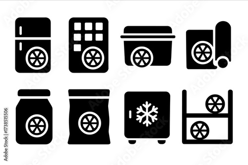 Lime Storage Icons. Solid, filled icon set of lime storage and preservation: refrigerator, ice tray, airtight container, plastic wrap, jar, vacuum seal,