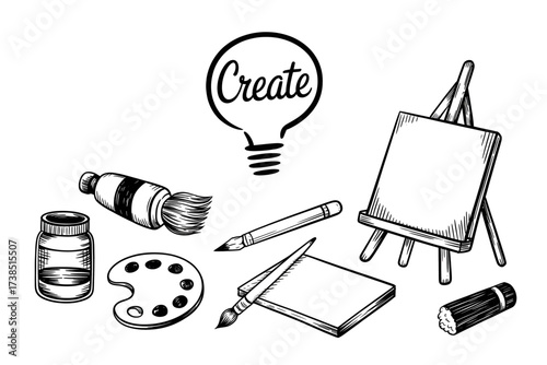 Artistic creation concept featuring drawing tools and an easel with a lightbulb that says create perfect for illustrating creativity and artistic expression in design projects