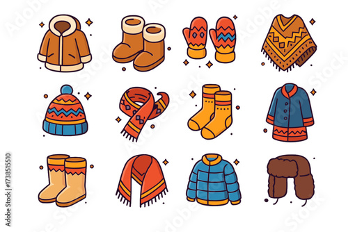 Traditional Winter Wear Icons. Traditional winter clothing. Colorful isometric vector icons set of traditional winter clothing: fur-lined parka, sheepskin
