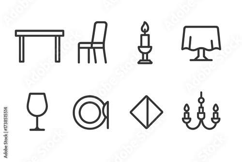 Dining Icon Set. Outline icon set of dining settings: table, chair, candle, tablecloth, wine glass, plate, napkin, chandelier. Line icons in only black color,