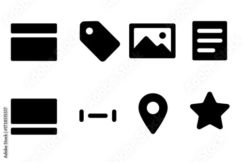 Black Icon Grid. Solid, filled icon set of menu design elements: header, footer, price tag, image placeholder, item description, category divider, icon marker,