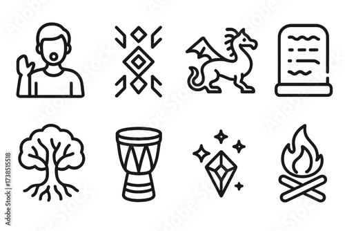 Cultural Legends Icons. Outline icon set of cultural legends: storyteller, tribal symbol, legendary creature, ancient tablet, sacred tree, folklore drum,