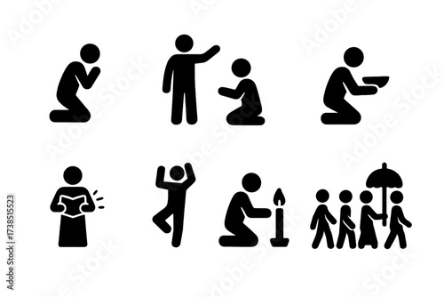Ceremonial Actions Icons. Solid, filled icon set of ceremonial actions: prayer, blessing, offering, chanting, dancing, burning incense, lighting candle,
