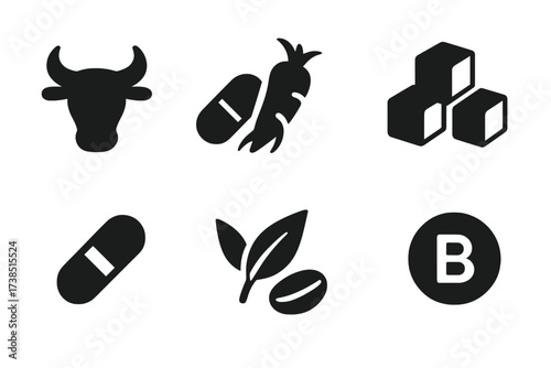 Energy Drink Icons. Solid, filled icon set of energy drink ingredients: taurine, caffeine pill, ginseng root, sugar cube, vitamin capsule, green tea leaf,