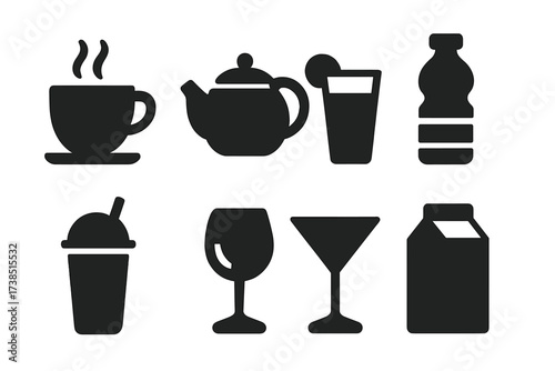 Beverage Icon Set. Solid, filled icon set of hand-picked beverages: coffee cup, tea pot, juice glass, water bottle, smoothie, wine glass, cocktail, milk