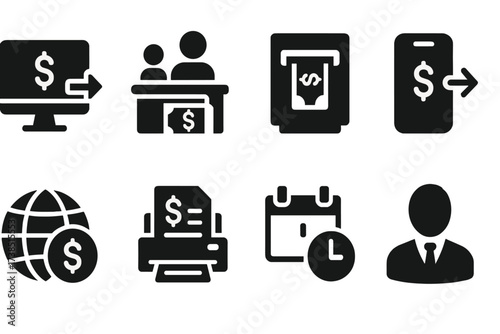 Deposit Methods Icons. Solid, filled icon set of deposit methods: online transfer, cash counter, night deposit box, mobile app deposit, wire transfer, remote