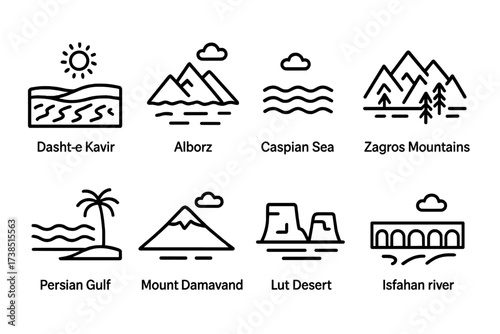 Iranian Landscape Icons. Outline icon set of Iranian landscapes: Dasht-e Kavir, Alborz Mountains, Caspian Sea, Zagros Mountains, Persian Gulf, Mount Damavand,