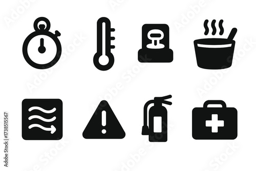 Steam Room Safety Icons. Solid, filled icon set of steam room safety: timer, temperature gauge, emergency button, water bucket, ventilation system, warning