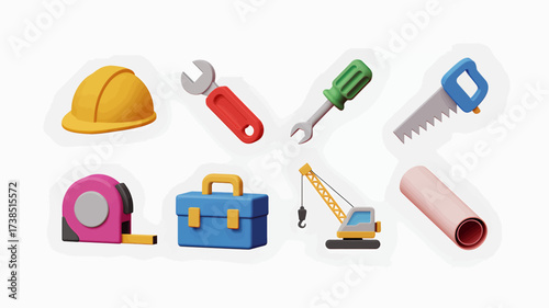 Construction tools and equipment including hard hat wrench screwdriver saw tape measure toolbox crane and blueprint roll for building and renovation projects in a 3D render style