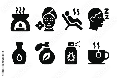 Lavender Uses Icons. Solid, filled icon set of lavender uses: aromatherapy, skincare, relaxation, sleep aid, massage oil, natural perfume, insect repellent,