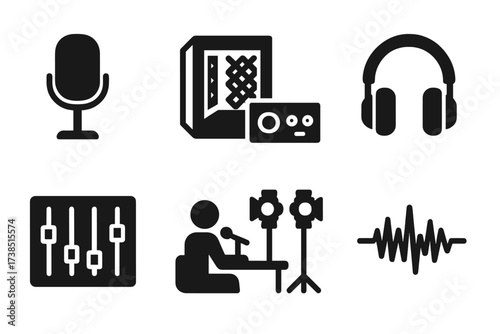 Music Recording Icons. Solid, filled icon set of music recording: microphone, soundproof room, audio interface, headphones, mixing desk, recording session,