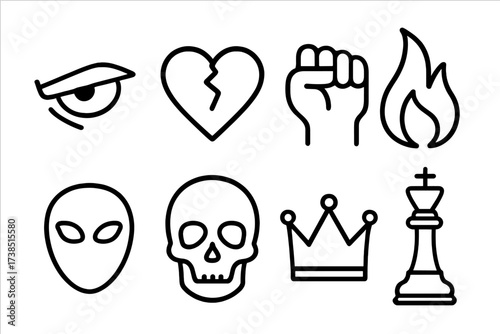 Ruthless Mindset Icons. Outline icon set of ruthless mindset: sharp eye, cold heart, clenched fist, fire flame, mask, skull, crown, chess king. Line icons in
