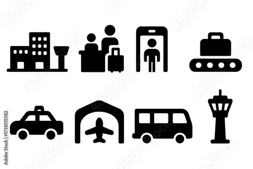 Airport Facilities Icons. Solid, filled icon set of airport facilities: terminal building, check-in counter, security checkpoint, baggage carousel, taxi stand,
