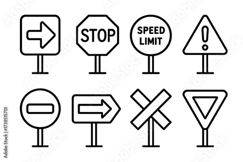 Icon Set Collection. Outline icon set of road signs and signals: arrow sign, stop sign, speed limit, caution sign, no entry, detour, railroad crossing, yield.
