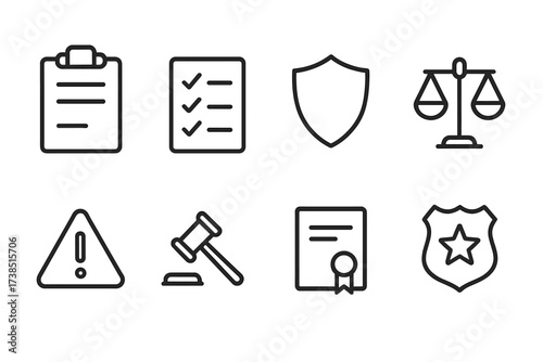 Law Icons Grid. Outline icon set of respect for rules: clipboard, checklist, shield, balance scale, warning sign, gavel, certificate, police badge. Line icons