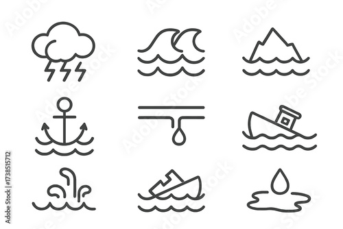 Water Hazard Icons. Outline icon set of water hazards: storm clouds, high waves, whirlpool, iceberg, sinking anchor, water leak, submerged ship, oil spill.