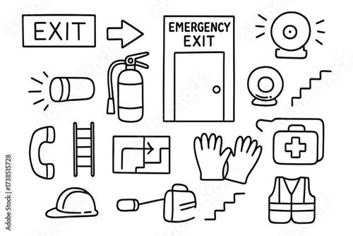 Emergency Exit Essentials. Hand-drawn doodle illustration emergency exit exit sign, door, arrow, fire extinguisher, alarm bell, smoke detector, flashlight,