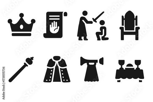 Feudal Ceremony Icons. Solid, filled icon set of feudal ceremonies: coronation crown, oath scroll, knight?s accolade, throne, scepter, royal robe, herald