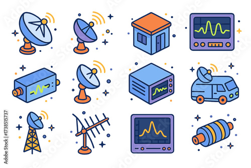 Radio Astronomy Icons. Radio astronomy. Colorful isometric vector icons set of radio astronomy: parabolic antenna dish, radio wave receiver, control cabin,