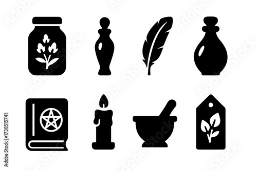 Gothic Apothecary Icons. Solid, filled icon set of gothic apothecary items: wolfsbane jar, dark vial, raven feather, antique bottle, spellbook, black candle,