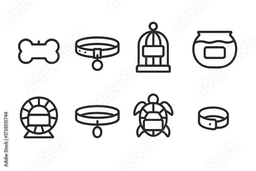 Pet Name Icon Set. Outline icon set of pet names: dog name tag, cat collar, bird cage label, fish bowl tag, hamster wheel nameplate, rabbit collar, turtle