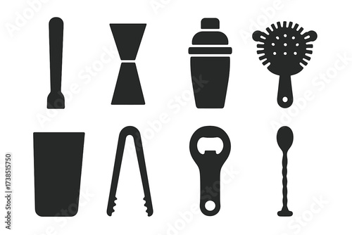 Bar Tools Icons. Solid, filled icon set of lowball bar tools: muddler, jigger, cocktail shaker, strainer, mixing glass, ice tongs, bottle opener, bar spoon.
