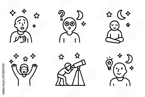 Stargazing Icon Set. Outline icon set of stargazing feelings: awe, wonder, curiosity, peace, solitude, excitement, discovery, inspiration. Line icons in only
