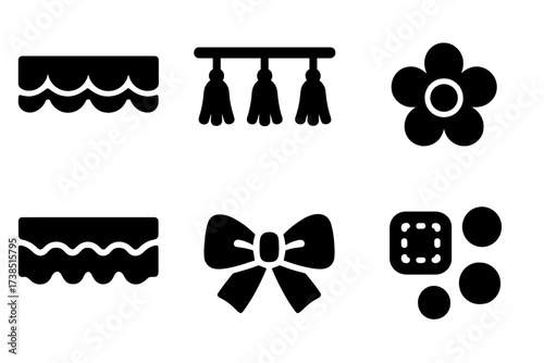 Decorative Tablecloth Icons. Solid, filled icon set of tablecloth decorative elements: lace trim, tassels, beading, applique, ruffles, bows, patches, sequins.