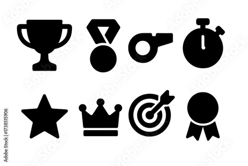 Sports Icon Set. Solid, filled icon set of sports success: trophy, medal, whistle, stopwatch, star, crown, target, ribbon. [Line icons in only black color. All
