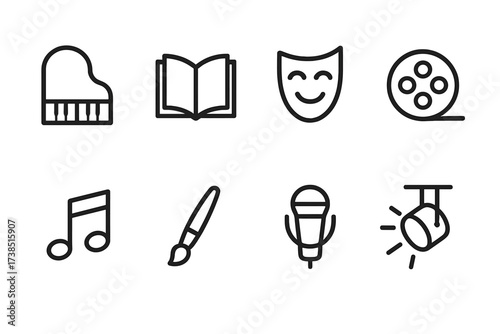 Midnight Arts Icons. Outline icon set of midnight arts and entertainment: piano, book, theater mask, film reel, music note, paintbrush, microphone, spotlight.