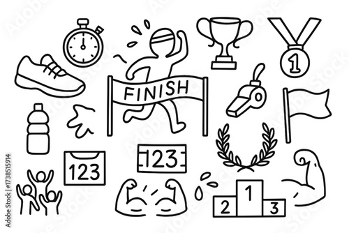 Winning the Race. Hand-drawn doodle illustration Winning the race finish line, running shoe, stopwatch, trophy, medal, flag, laurel wreath, cheering crowd,