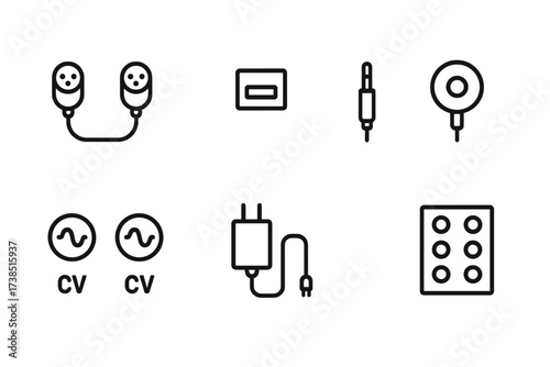 Synth Connectivity Icons. Outline icon set of synthesizer connectivity: MIDI cable, USB port, audio jack, headphone jack, CV input, CV output, power adapter,