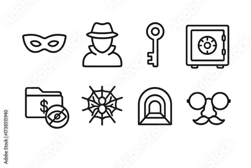 Dark Money Icons. Outline icon set of dark money concealment: mask, shadow figure, encryption key, safe, hidden files, dark web, tunnel, disguise glasses. Line