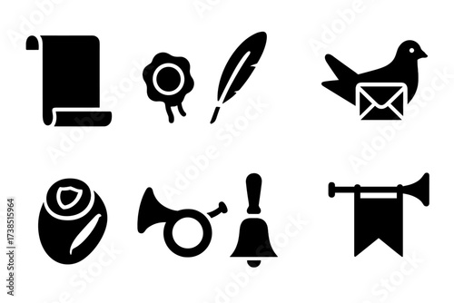 Medieval Communication Icons. Solid, filled icon set of baron communication: parchment scroll, wax seal, quill pen, messenger pigeon, signet ring, horn, bell,