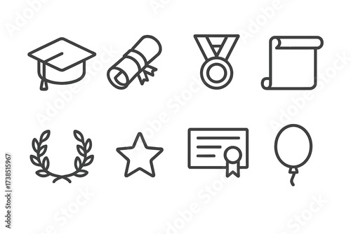 Graduation Icon Set. Outline icon set of graduation celebration: graduation cap, diploma, medal, scroll, laurel wreath, star, certificate, balloon. Line icons