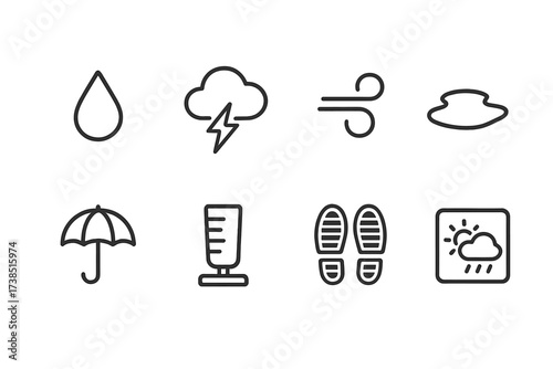 Rainy Day Icons. Outline icon set of rainy day symbols: water droplet, cloud with lightning, wind swirl, puddle, umbrella, rain gauge, rain boots print,