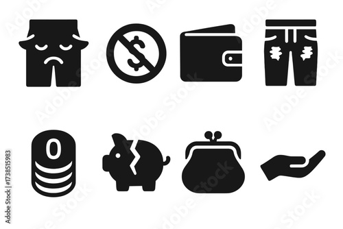 Pocket Distress Icons. Solid, filled icon set of pocket distress: sad pockets, no money sign, empty wallet, torn jeans pockets, zero coins, broken piggy bank,