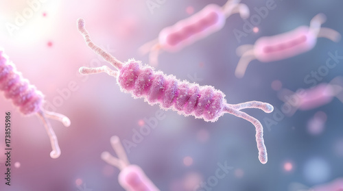 Colorful microscopic view of bacteria, emphasizing their spiral shape and intricate details.