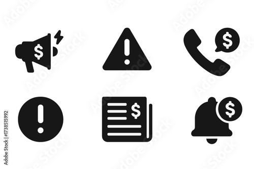Bankruptcy Icon Set. Solid, filled icon set of bankruptcy notification: announcement, warning sign, mail, phone call, alert, newspaper, social media,