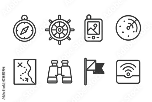 Destroyer Navigation Icons. Outline icon set of destroyer navigation tools: compass, helm wheel, GPS device, radar screen, nautical chart, binoculars, signal