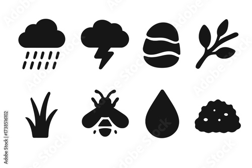 Nature Elements Icons. Solid, filled icon set of water and nature elements: rain, thundercloud, river stone, tree branch, grass blade, firefly, dew drop, moss.