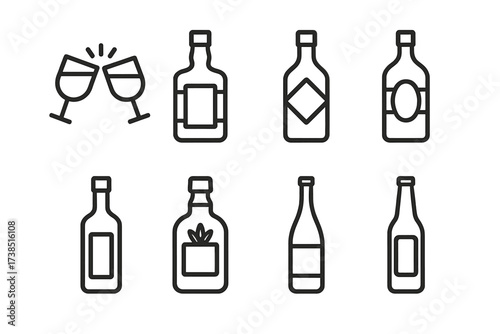 Alcohol Icon Set. Outline icon set of alcoholic beverages: clinking glasses, whiskey bottle, gin bottle, rum bottle, vodka bottle, tequila bottle, wine bottle,